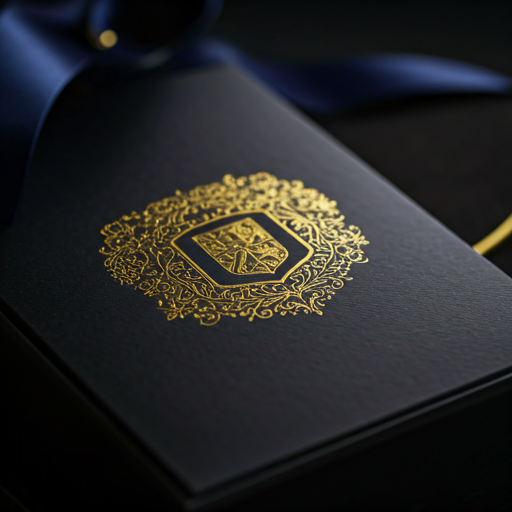 Detail of intricate gold crest on luxury gift packaging with navy blue ribbon and soft ambient lighting