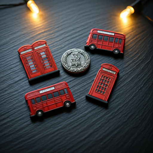 Collection of boutique magnets shaped like London phone booths and buses on a slate board with moody lighting