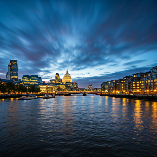 Wide panoramic view of the River Thames and London skyline at twilight with deep blue and golden hues