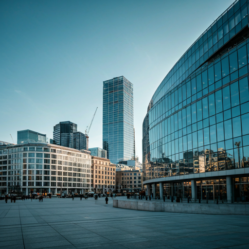 Modern London architecture with steel and glass reflecting a clear blue sky in the financial district