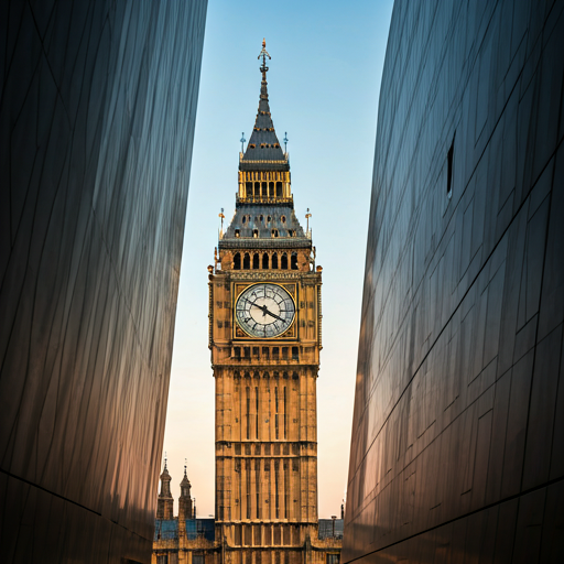 Classic Big Ben clock tower peaking through modern architectural lines at sunset in London