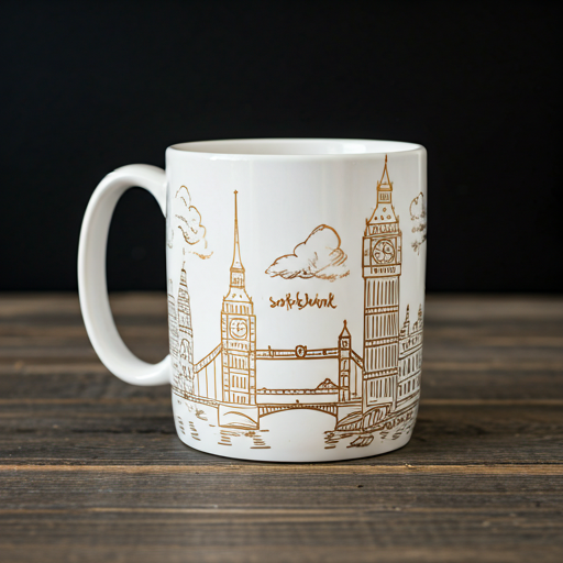 Elegant ceramic mug with hand-drawn London landmarks in gold ink on a rustic dark wooden table