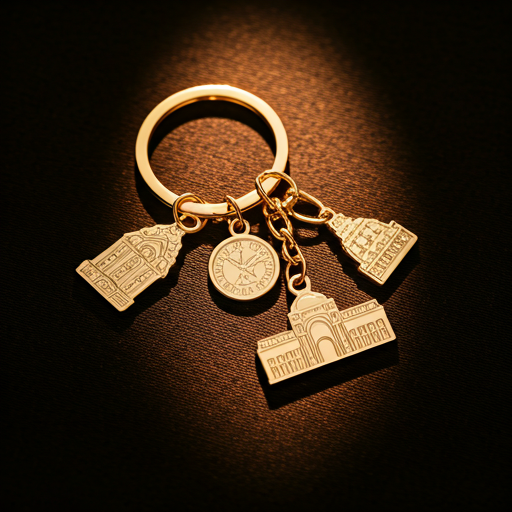 Luxury gold plated keychain with London icons on a dark velvet surface with warm spotlight