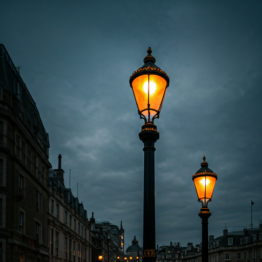 Artistic shot of a classic London street lamp at dusk with a warm orange glow against a darkening sky