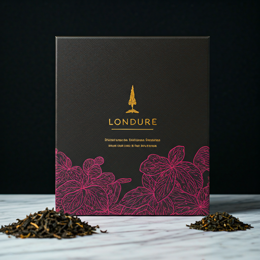 Close-up of a luxurious gift box with Londure branding on a marble surface with loose tea leaves