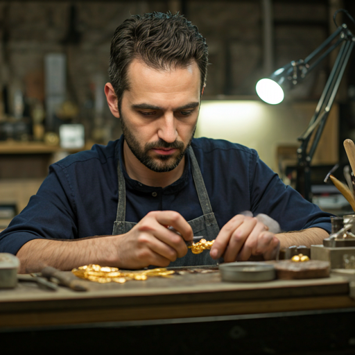 Artisan craftsman in a London workshop carefully detailing a gold souvenir piece with traditional tools