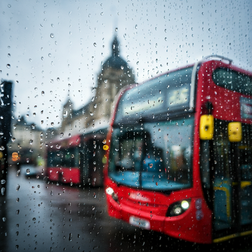 Macro photo of a red London bus against a blurry background of city life with elegant rain droplets on window