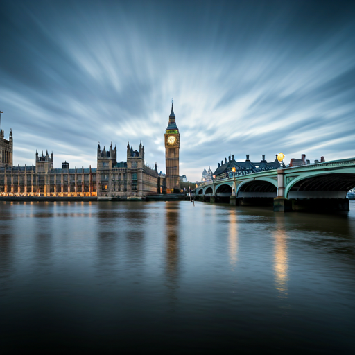 Cinematic wide shot of Westminster Bridge at dusk with soft city lights reflecting in the Thames river