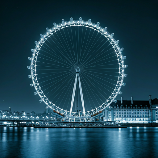 The London Eye ferris wheel at night glowing white against a deep blue sky over the Thames
